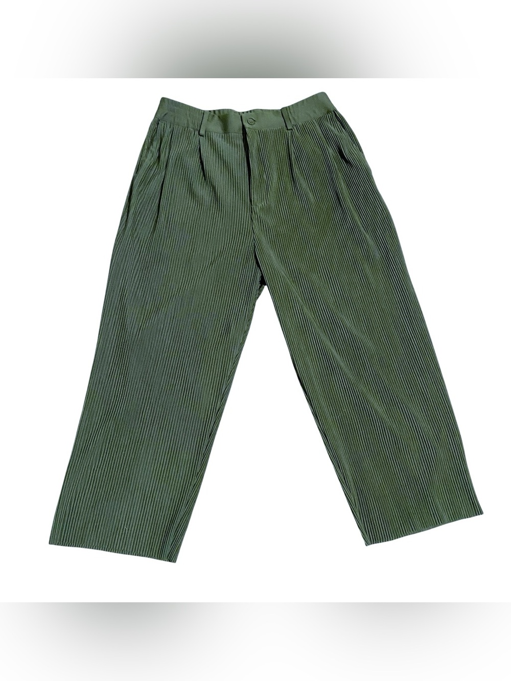 Zara Olive Green Wide Leg High Waisted Ribbed Trousers Size Large